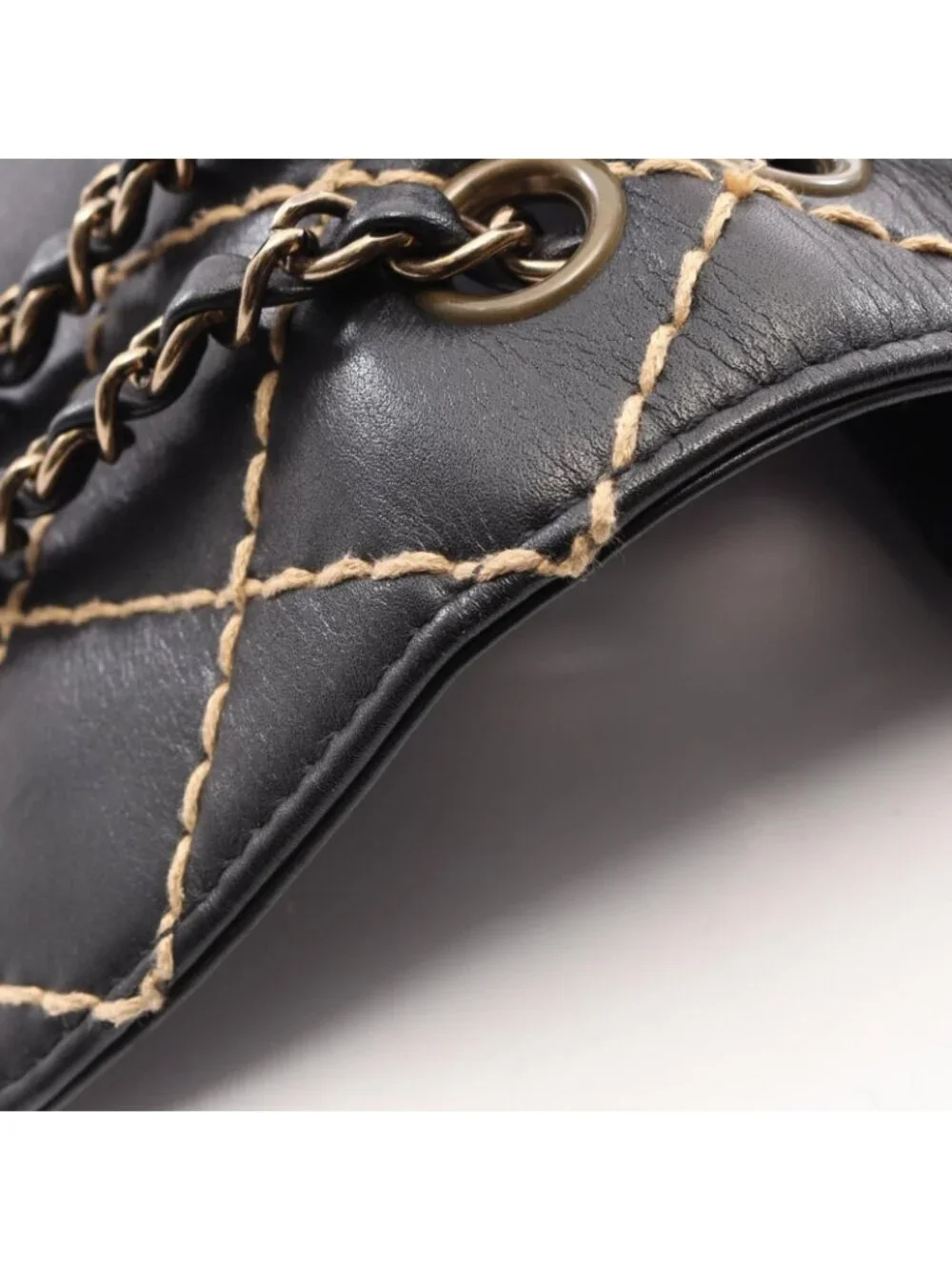 Chanel Shoulder Bag Wild Stitch Black Beige Lambskin Chain